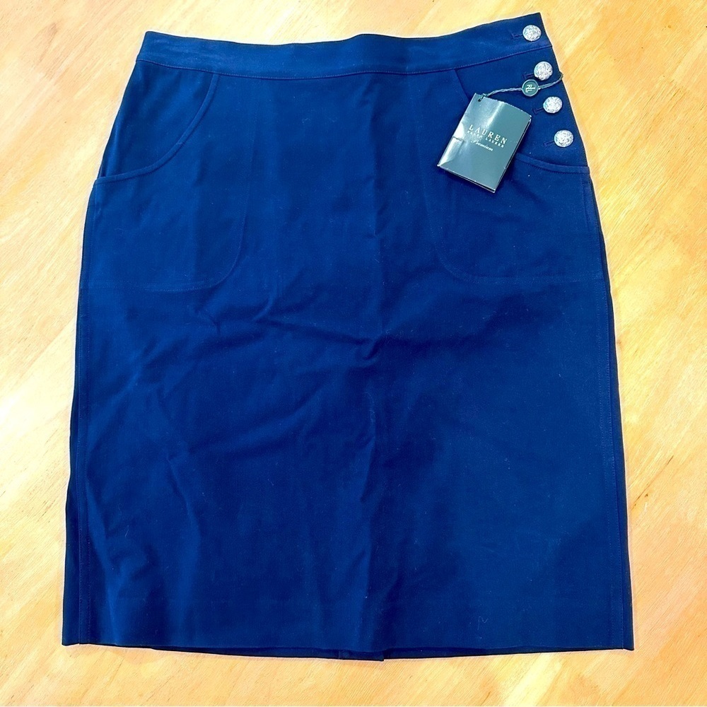 Lauren Ralph Lauren Capri Navy Blue Cotton‎ Straight Skirt 4 Metallic Buttons